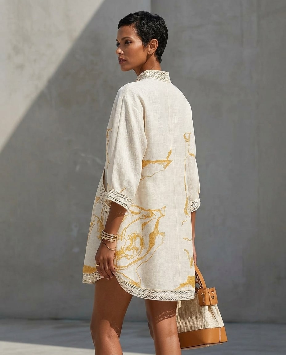 V Neck Mini Dress with Lace Trim, Gold Print and Pockets 4