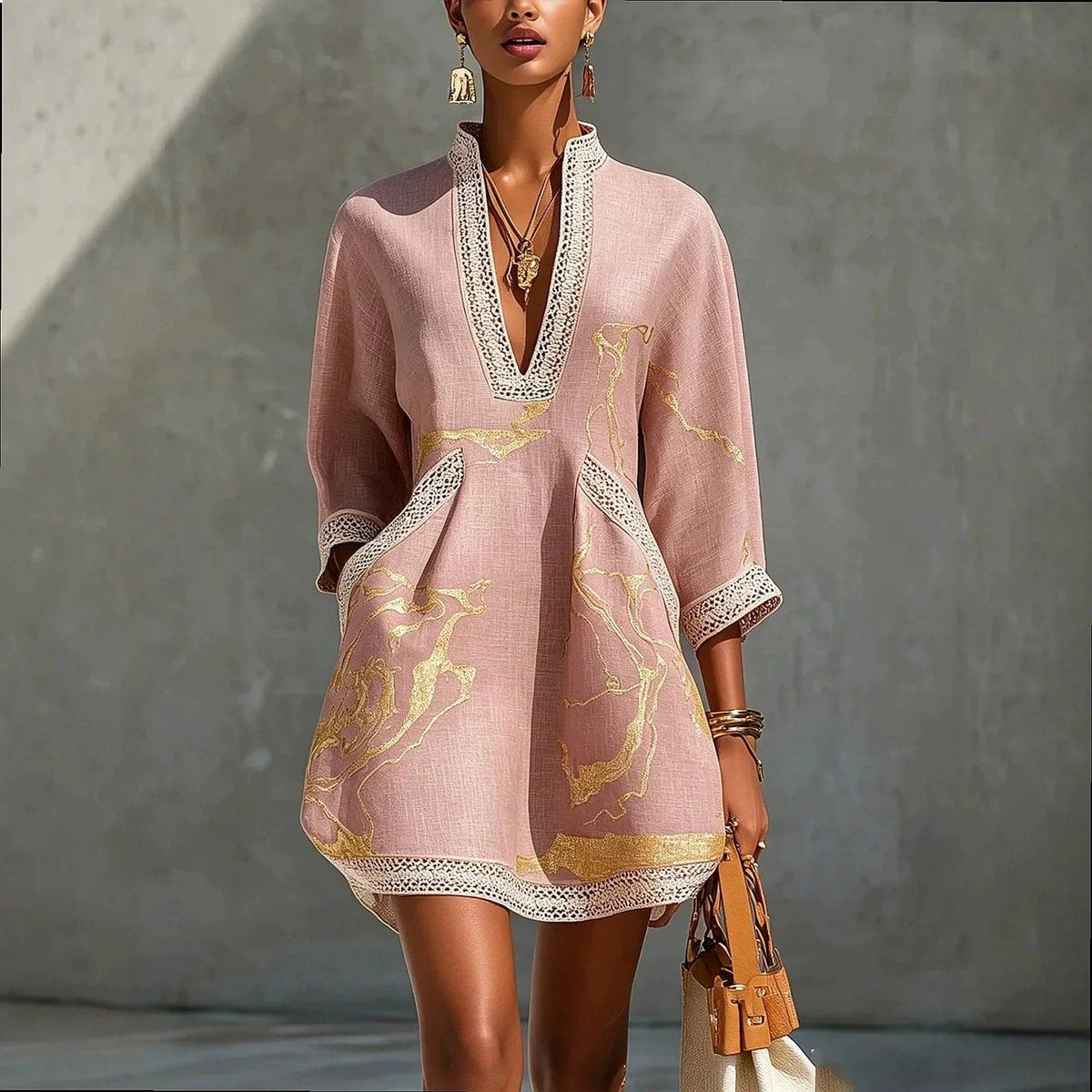 V Neck Mini Dress with Lace Trim, Gold Print and Pockets 5