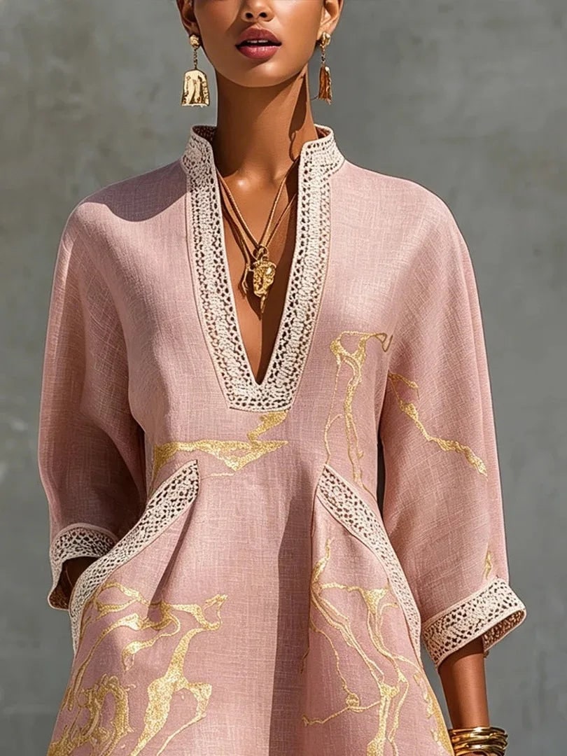 V Neck Mini Dress with Lace Trim, Gold Print and Pockets 6