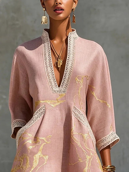 V Neck Mini Dress with Lace Trim, Gold Print and Pockets 6
