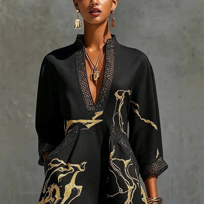 V Neck Mini Dress with Lace Trim, Gold Print and Pockets 7