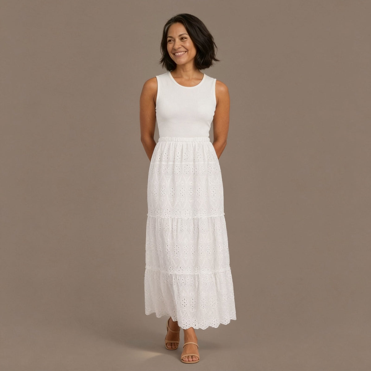 Ribbed Bodice Eyelet Lace Maxi Dress