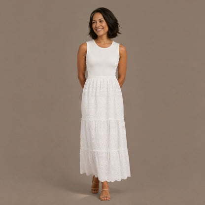 Ribbed Bodice Eyelet Lace Maxi Dress