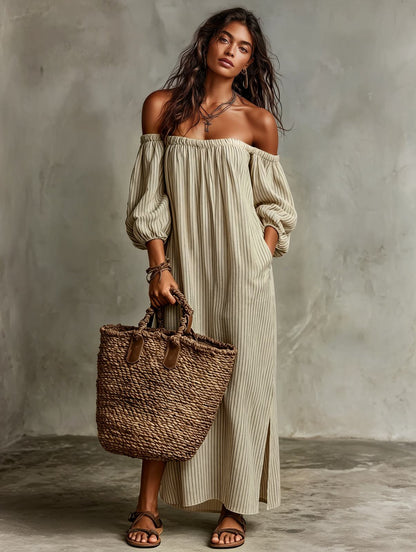 Off Shoulder Maxi Dress, Striped Dress with Balloon Sleeves 3