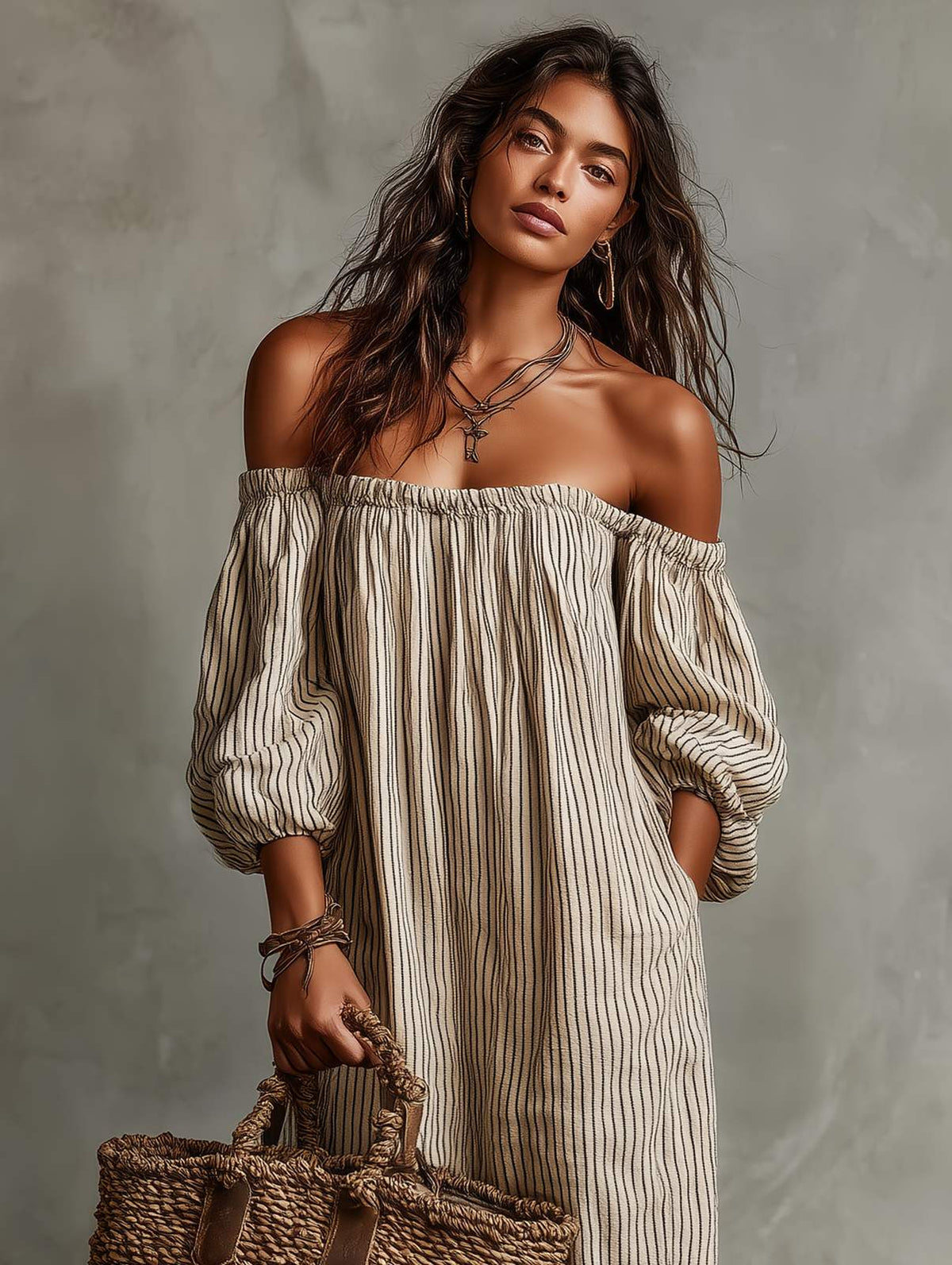 Off Shoulder Maxi Dress, Striped Dress with Balloon Sleeves 5