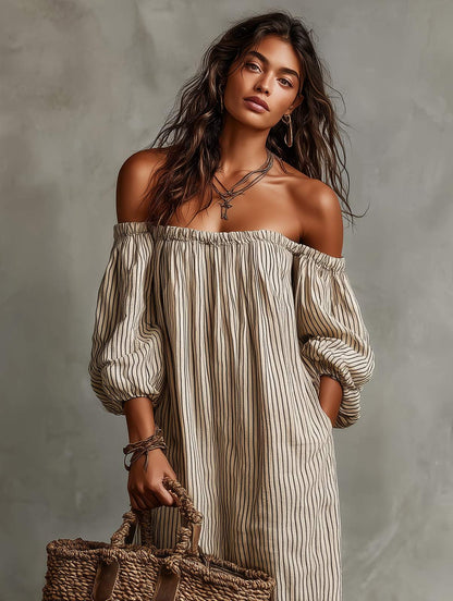 Off Shoulder Maxi Dress, Striped Dress with Balloon Sleeves 5