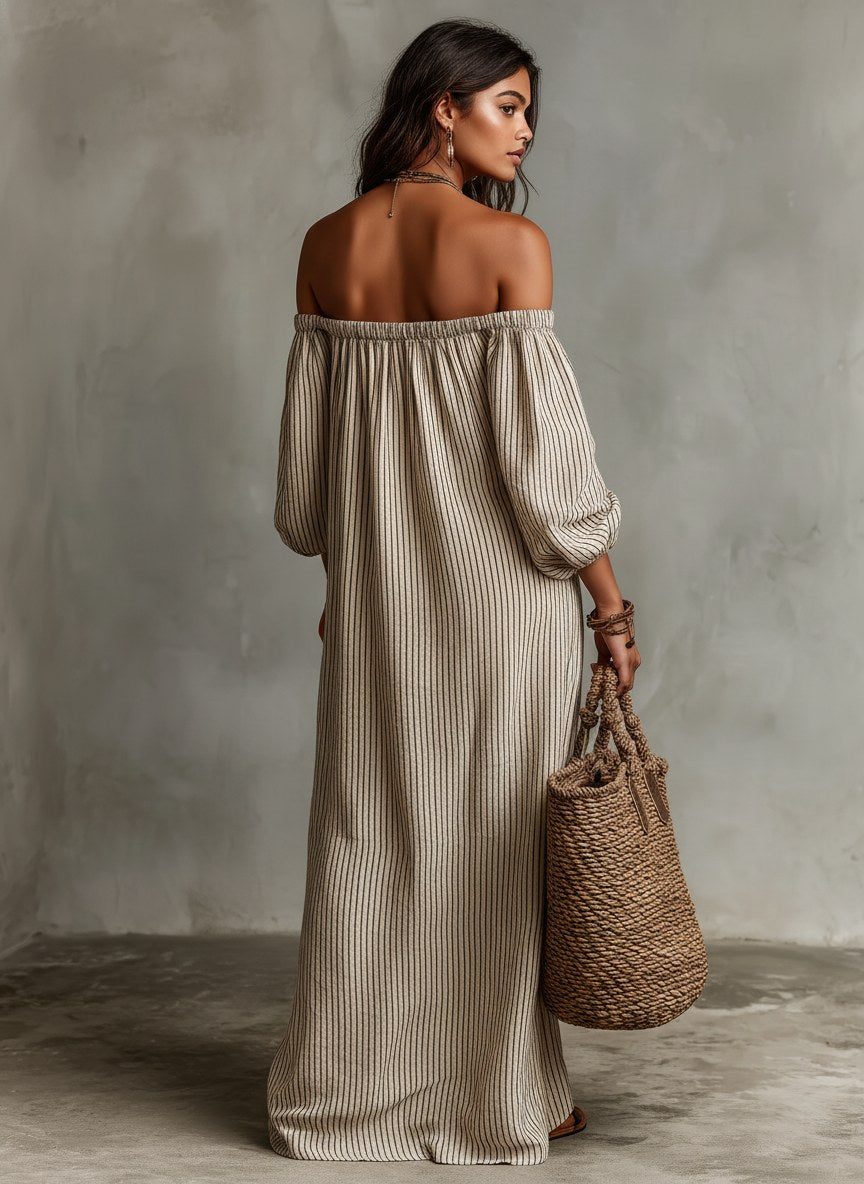Off Shoulder Maxi Dress, Striped Dress with Balloon Sleeves 7