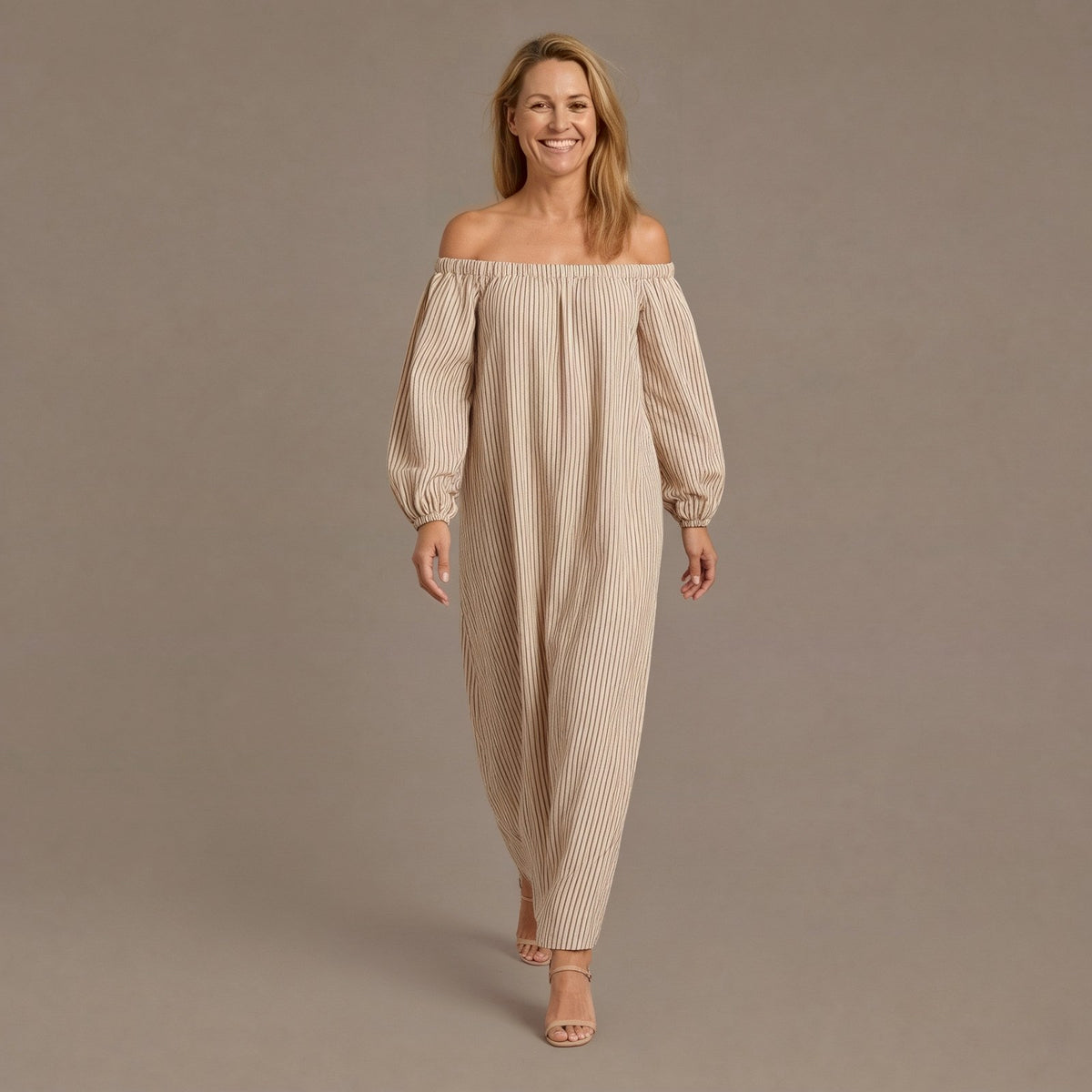 Romantic Off Shoulder Striped Maxi Dress with Balloon Sleeves