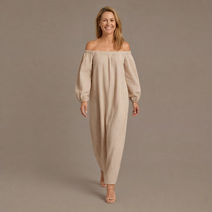 Romantic Off Shoulder Striped Maxi Dress with Balloon Sleeves