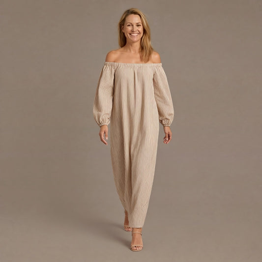 Romantic Off Shoulder Striped Maxi Dress with Balloon Sleeves