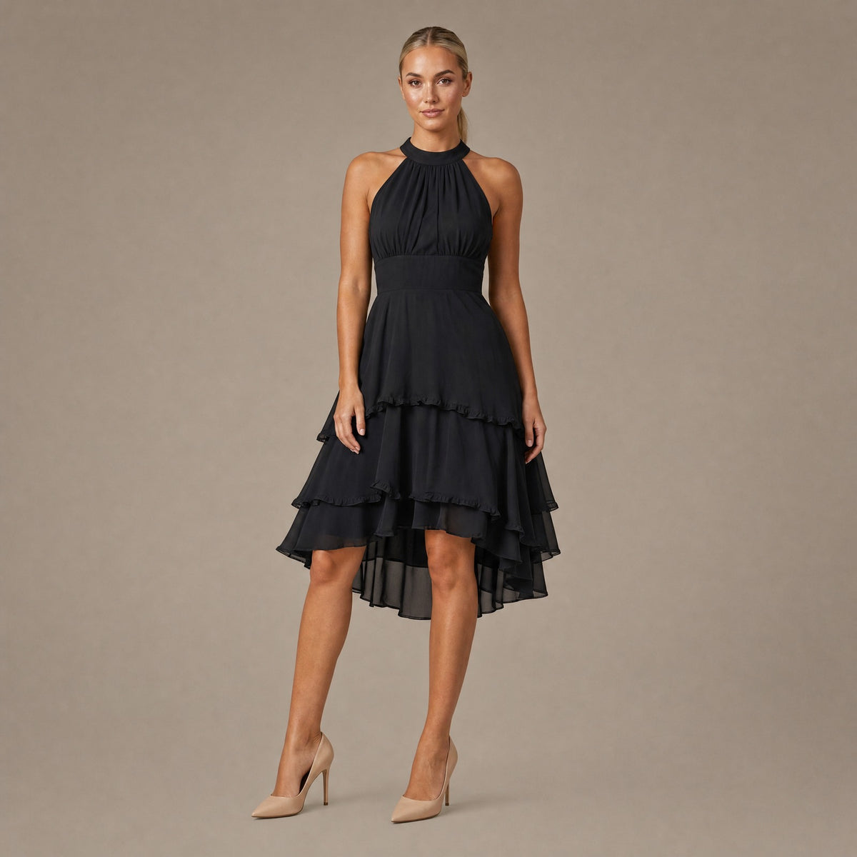 Ruffle Trim Tiered Dress - Black