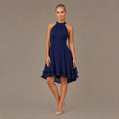 Ruffle Trim Tiered Dress - Navy Blue