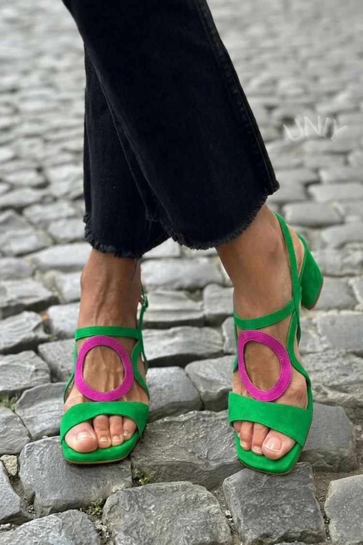 Green block heel cross strap sandals with ring cut out