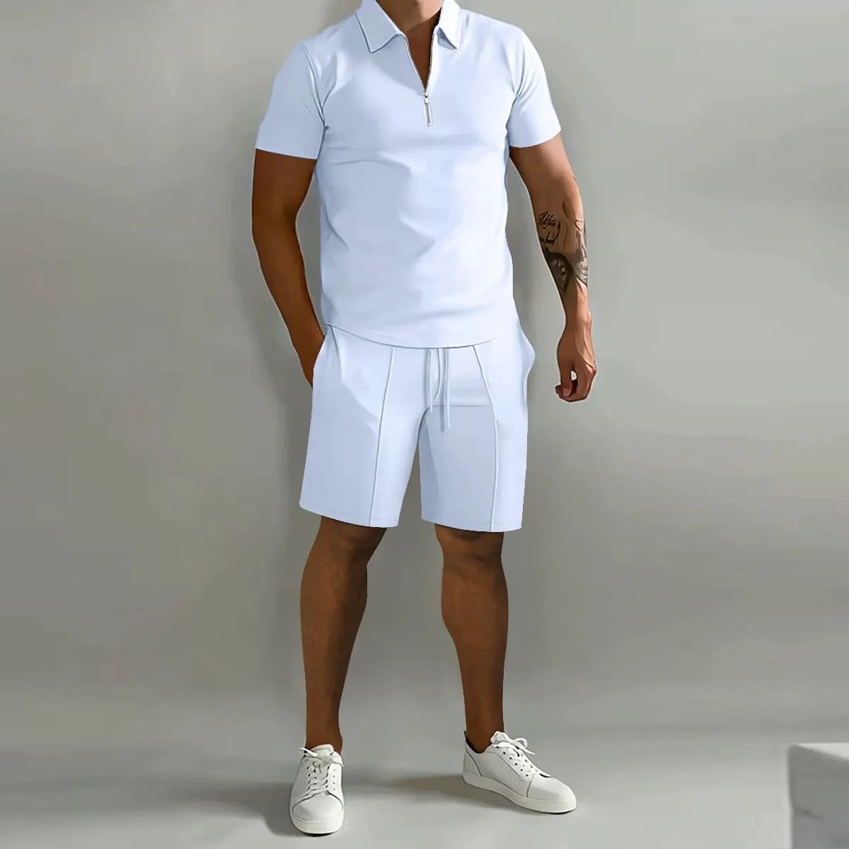 White zip polo and shorts set for men