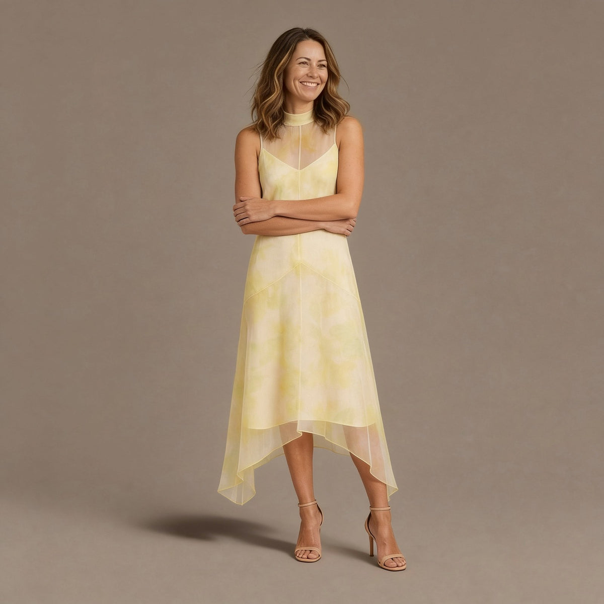 Sheer Organza Overlay High-Low Midi Dress