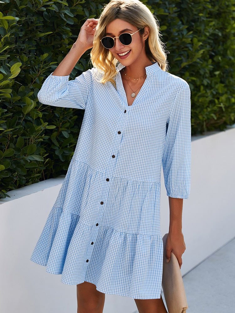 Shirt Dress, Gingham Tiered Dress with Button Front 3