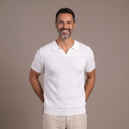 Short Sleeve Polo Shirt for Men with Open Collar in White