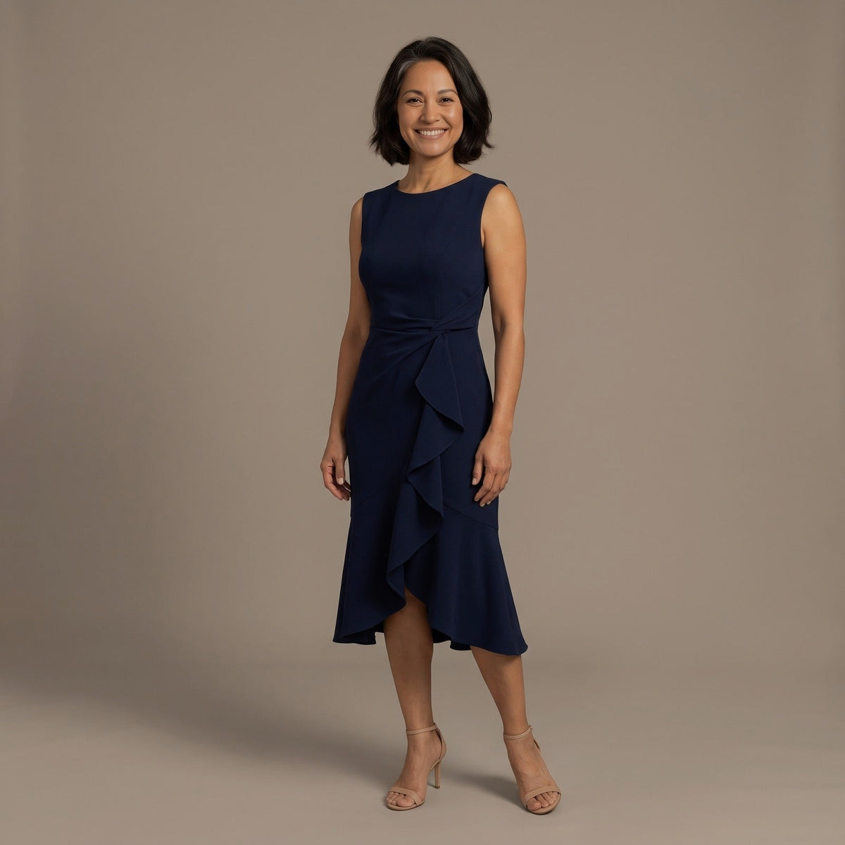Midi Dress Sleeveless with Draped Waist and Ruffle Hem 1