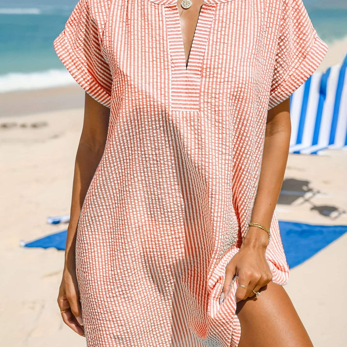 Striped Beach Cover Up with V Neck and Short Sleeves 4