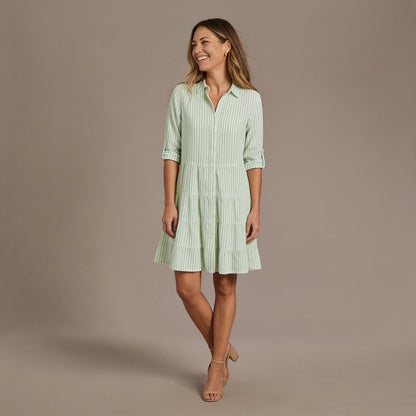 Striped Summer Dress, Tiered Button Front Sundress with Collar and Roll Up Sleeves