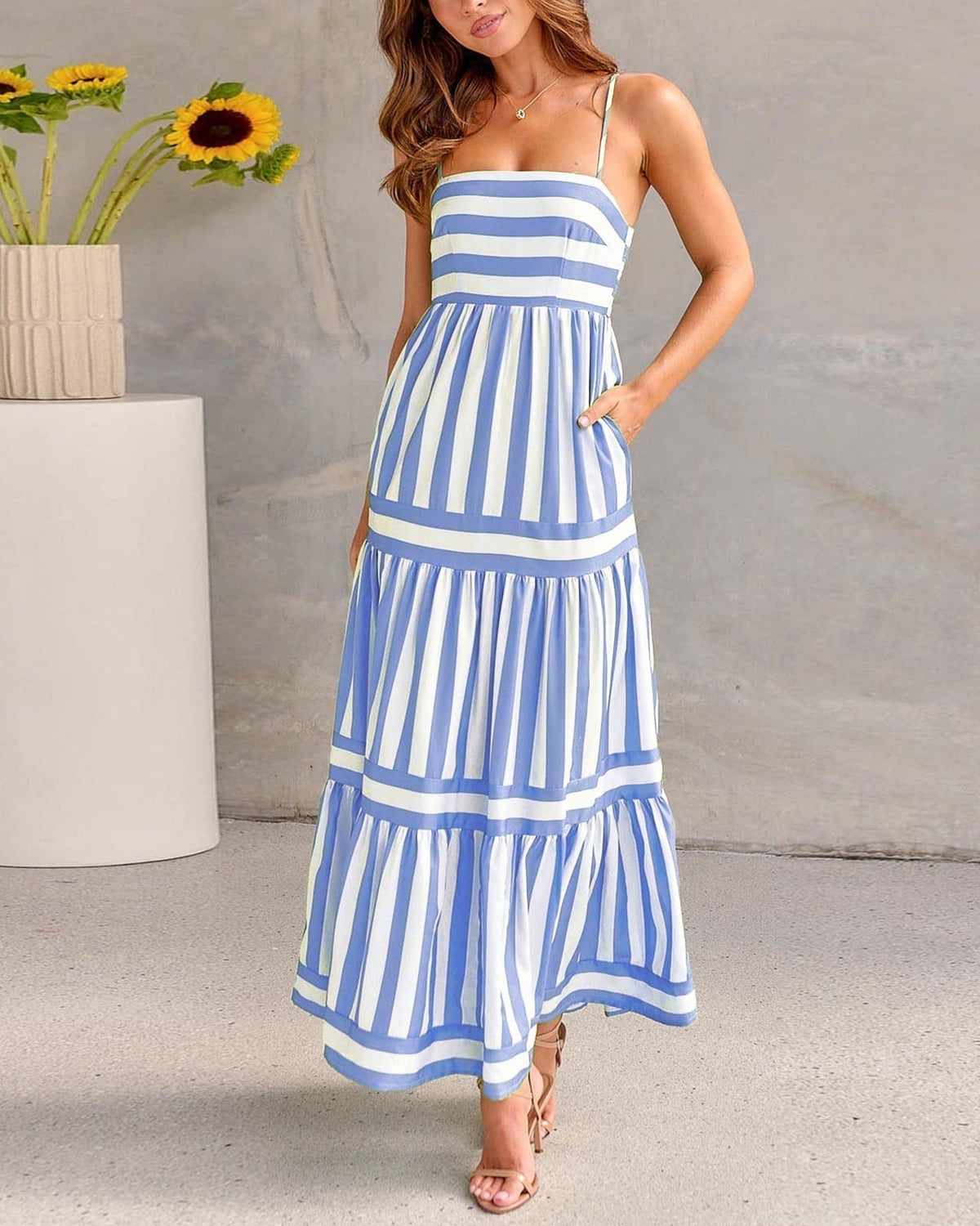 Blue Stripe tiered maxi summer dress with thin straps, front view