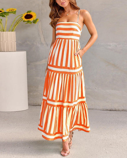 Burnt Orange Stripe tiered maxi dress with square neck, front view