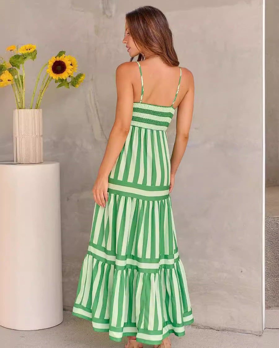 Back view of the Green Stripe tiered maxi dress showing the open back and thin straps