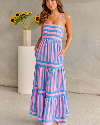 Pink Stripe tiered maxi dress with square neckline, front view