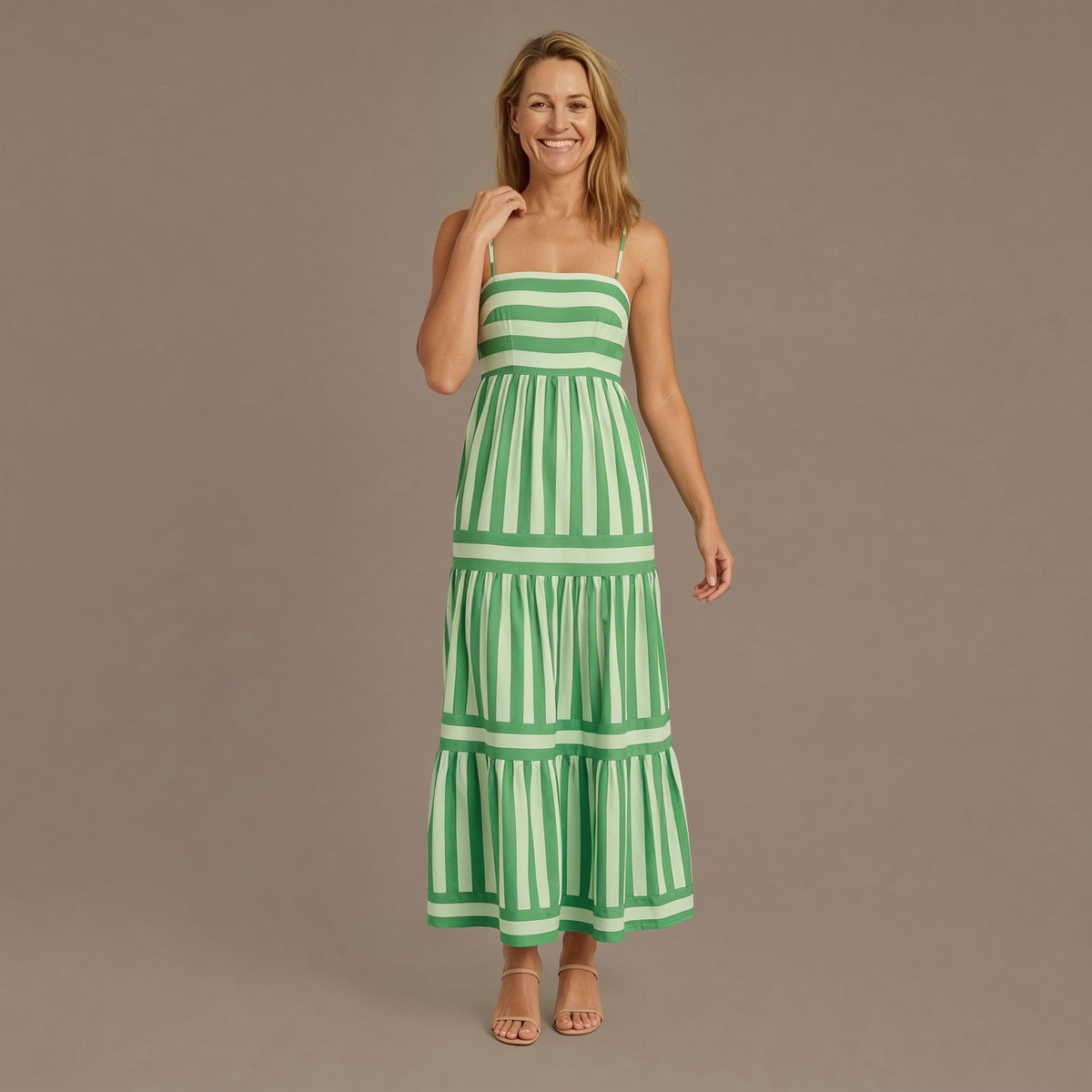Striped Tiered Maxi Summer Dress with Square Neck and Open Back