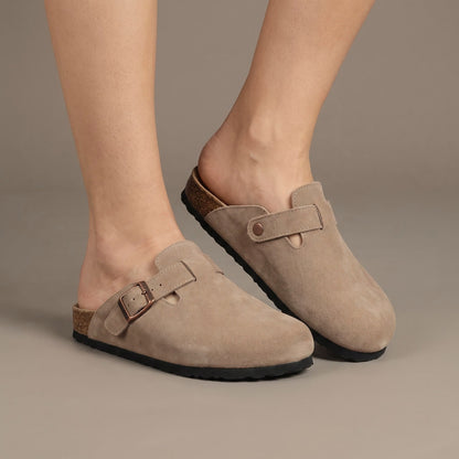 Sandals Suede Clog with Buckle Strap and Cork Footbed 1