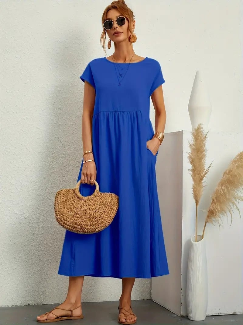 Summer Dress, Relaxed Midi Pocket Dress with Short Sleeves 2