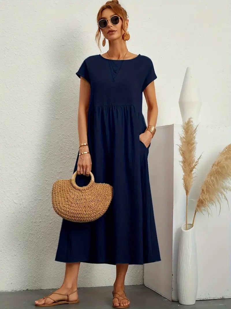 Summer Dress, Relaxed Midi Pocket Dress with Short Sleeves 3