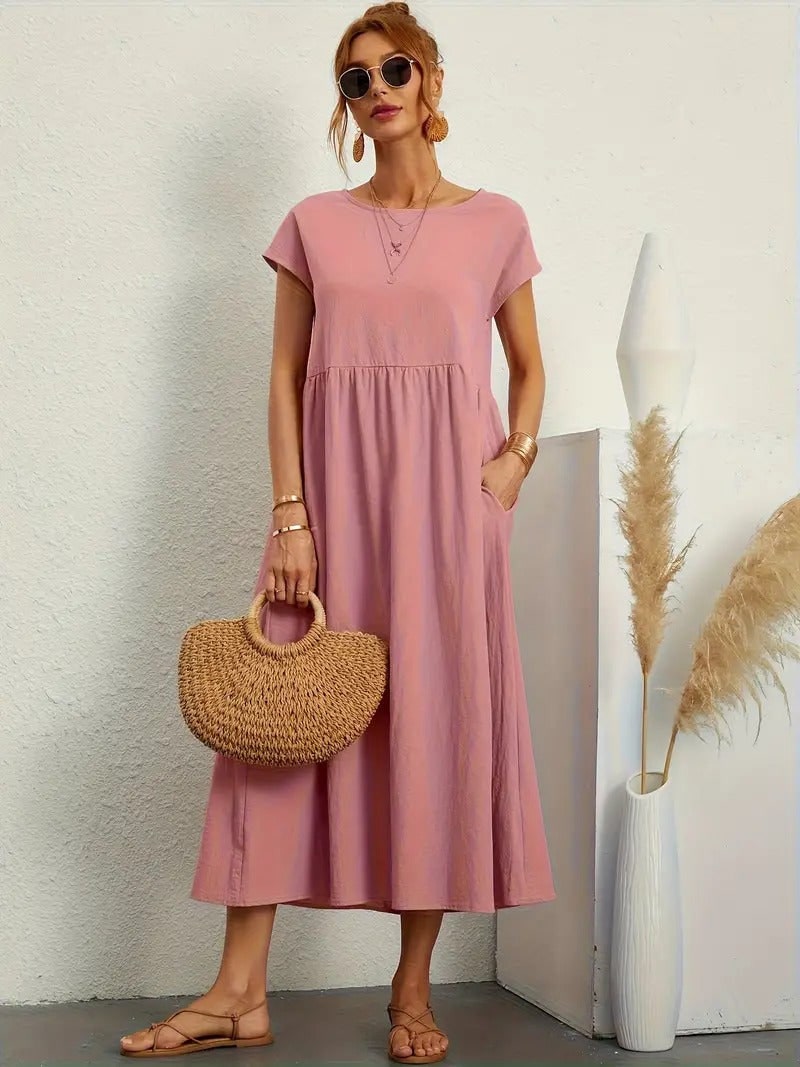 Summer Dress, Relaxed Midi Pocket Dress with Short Sleeves 4