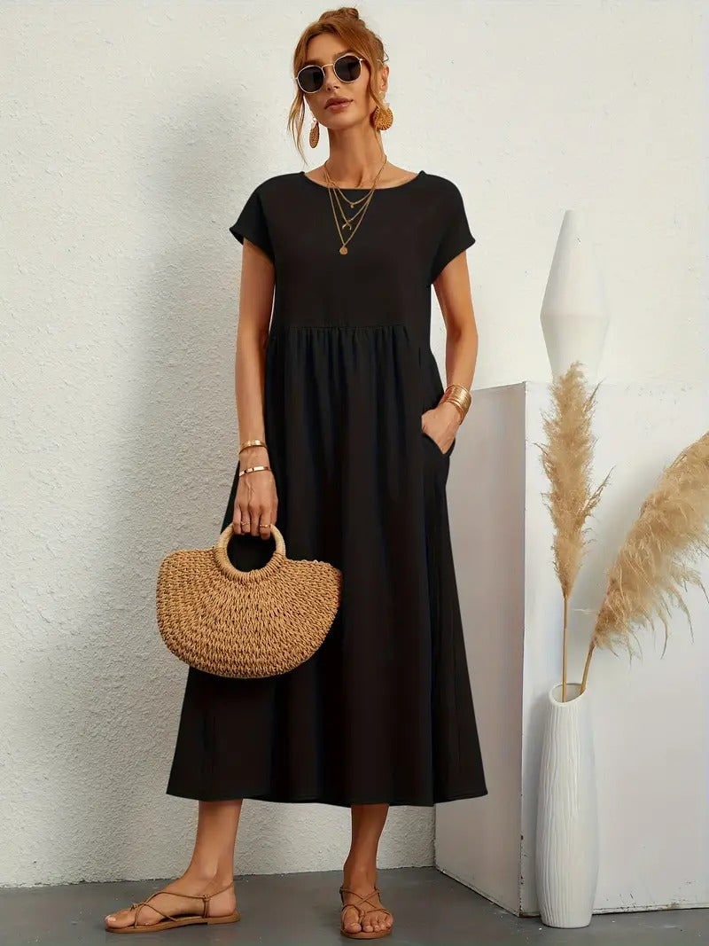 Summer Dress, Relaxed Midi Pocket Dress with Short Sleeves 5