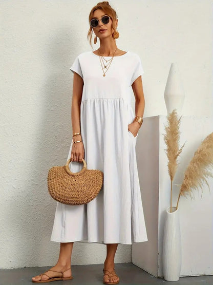 Summer Dress, Relaxed Midi Pocket Dress with Short Sleeves 6
