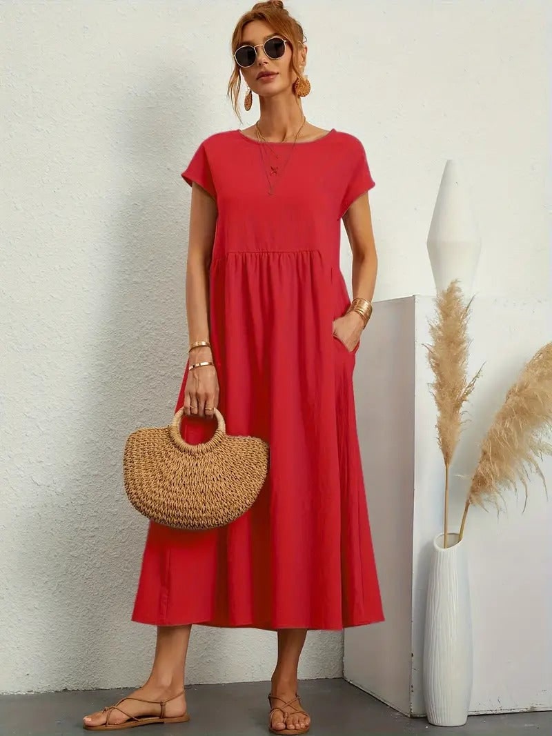 Summer Dress, Relaxed Midi Pocket Dress with Short Sleeves 7