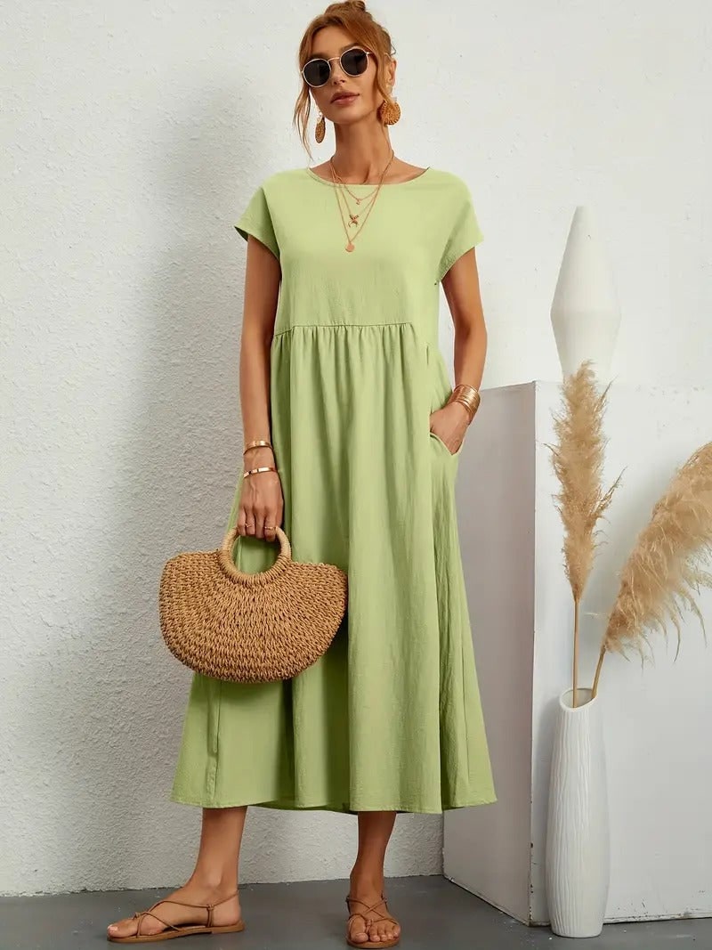 Summer Dress, Relaxed Midi Pocket Dress with Short Sleeves 8