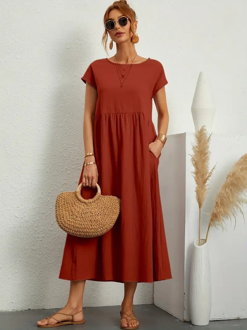 Summer Dress, Relaxed Midi Pocket Dress with Short Sleeves 10