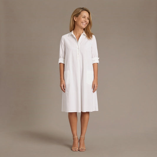 Summer Sun Dress, Collared A-Line Shirt Dress with Rolled 3/4 Sleeves and Pockets