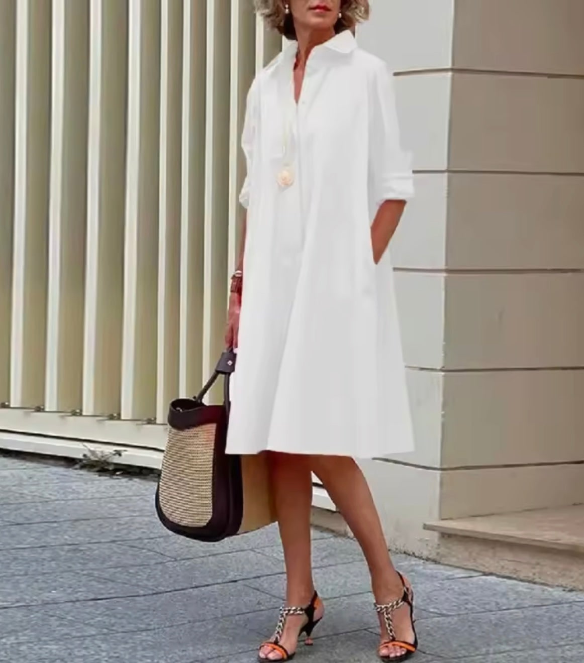 Summer Sun Dress, Collared A-Line Shirt Dress with Pockets 2
