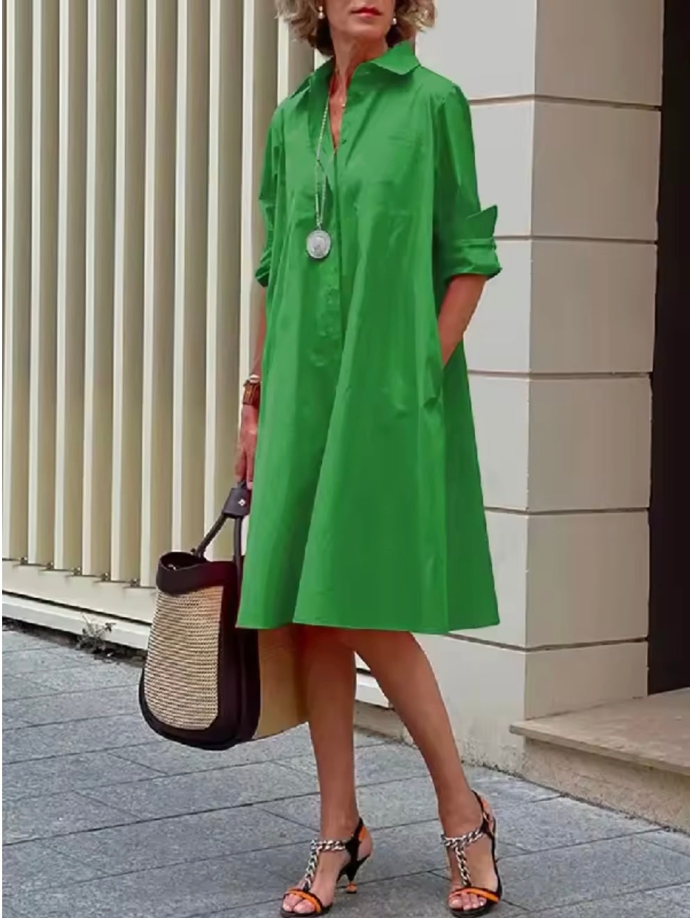 Summer Sun Dress, Collared A-Line Shirt Dress with Pockets 3