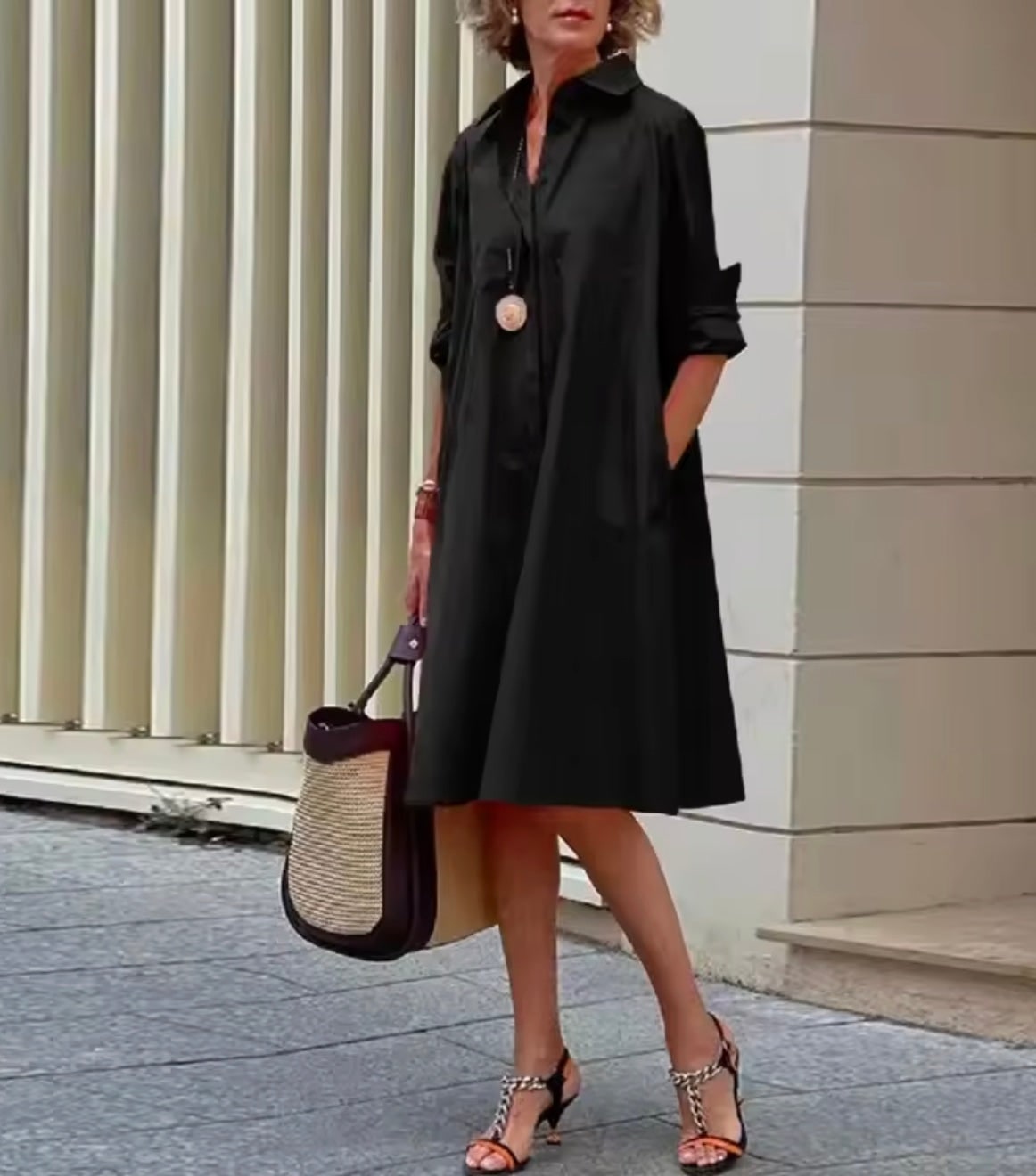 Summer Sun Dress, Collared A-Line Shirt Dress with Pockets 4