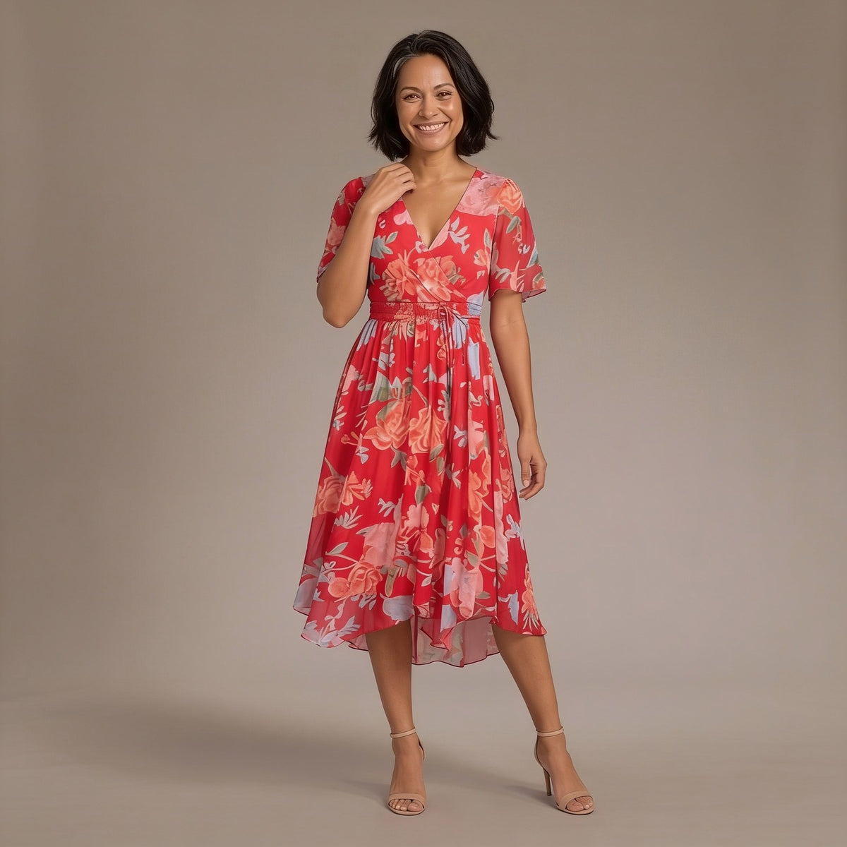 Summer Sun Dress, Short Sleeve Printed Midi Dress with Wrap V Neck and Flowing Hem