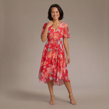 Summer Sun Dress, Short Sleeve Printed Midi Dress with Wrap V Neck and Flowing Hem