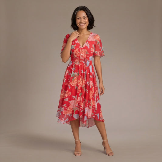 Summer Sun Dress, Short Sleeve Printed Midi Dress with Wrap V Neck and Flowing Hem