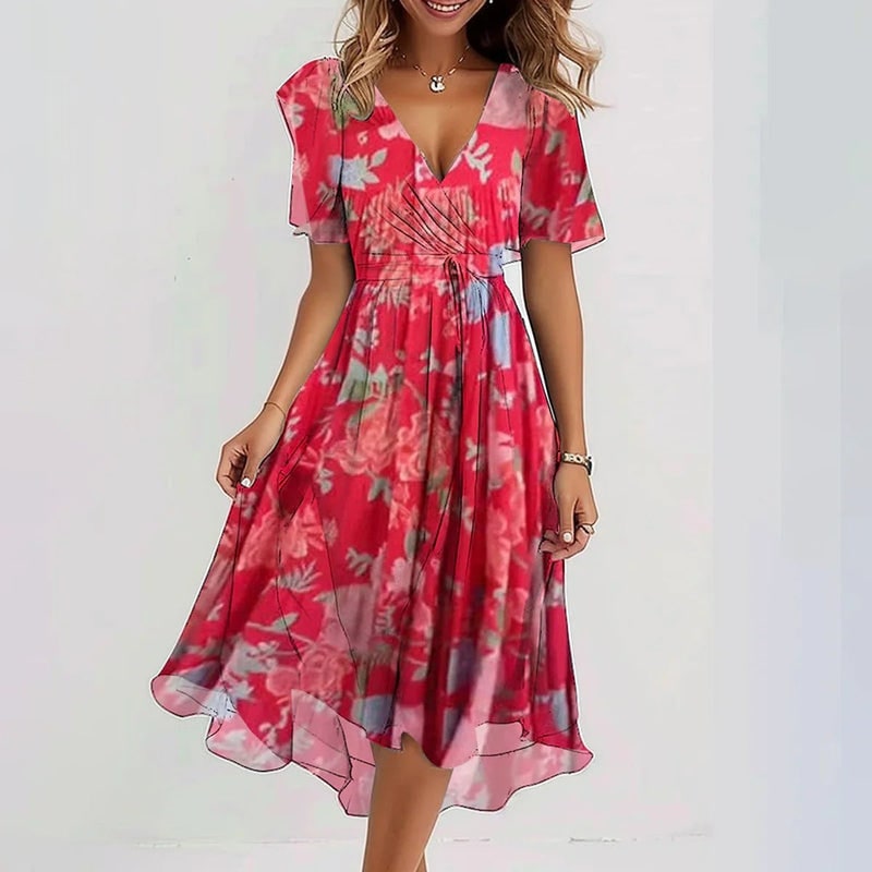 Summer Sun Dress, Short Sleeve Printed Midi Dress, V Neck 2