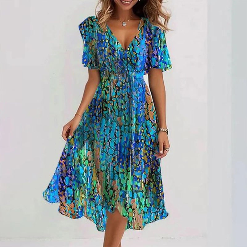 Summer Sun Dress, Short Sleeve Printed Midi Dress, V Neck 3