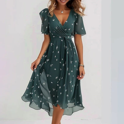Summer Sun Dress, Short Sleeve Printed Midi Dress, V Neck 4
