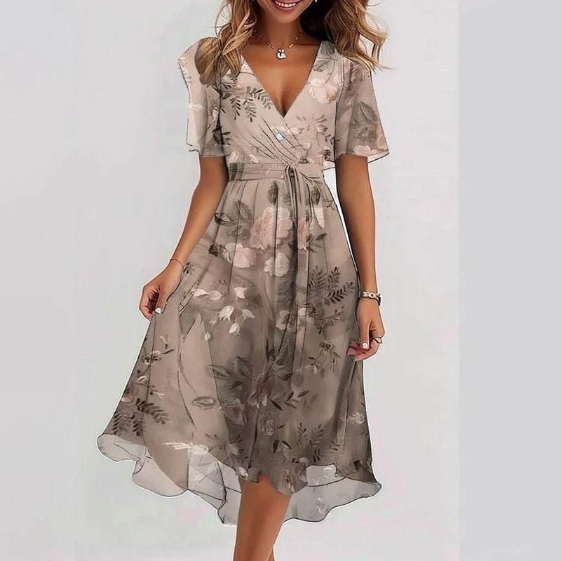 Summer Sun Dress, Short Sleeve Printed Midi Dress, V Neck 5