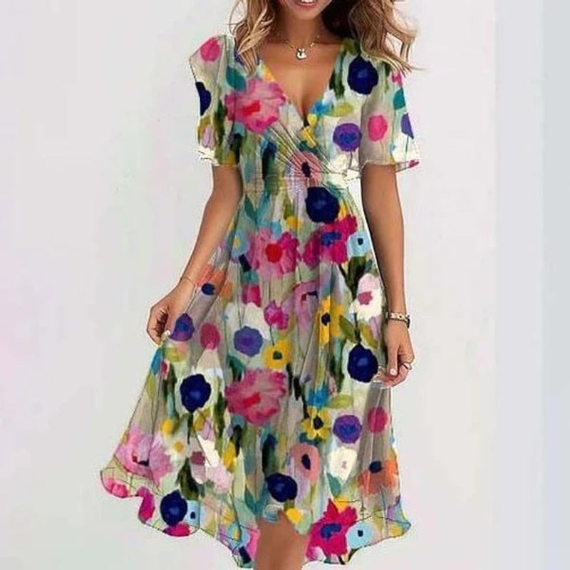 Summer Sun Dress, Short Sleeve Printed Midi Dress, V Neck 6